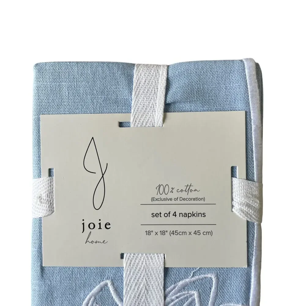 J JOIE Embroidered Flower Napkins 18x18 Pastel Blue & White Cotton Set of 4 NEW